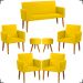Kit Namoradeira + 4 Poltronas Decorativas Para Sala Nina + 2 Puff Redondos Suede Amarelo Pé Castanho - Clique E Decore