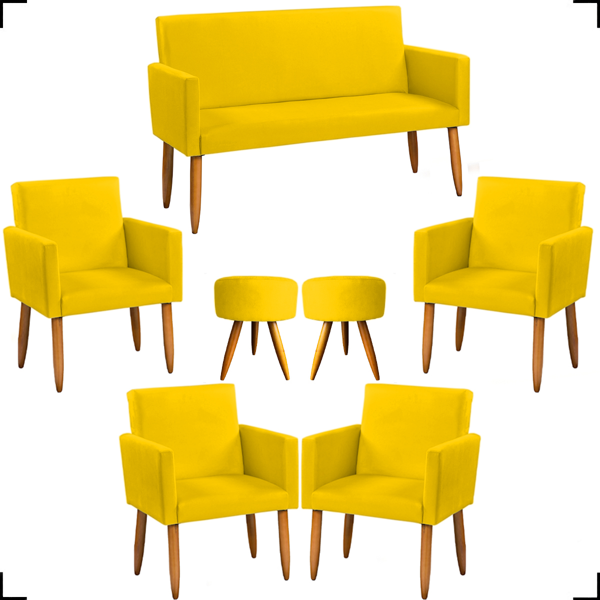 Kit Namoradeira + 4 Poltronas Decorativas Para Sala Nina + 2 Puff Redondos Suede Amarelo Pé Castanho - Clique E Decore