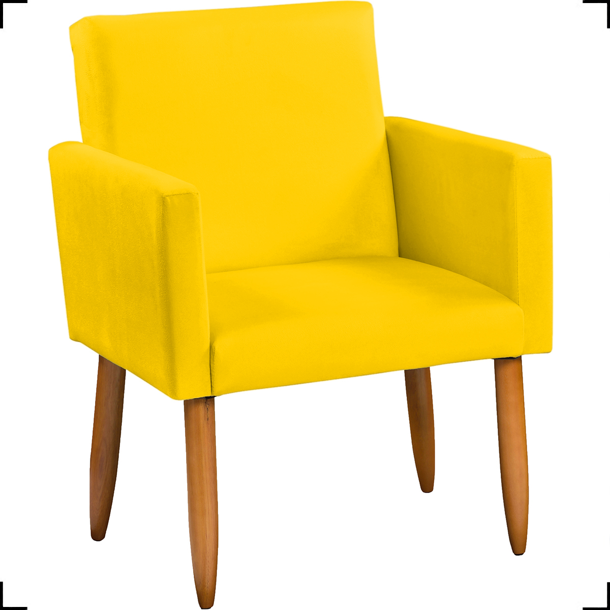 Kit Namoradeira + 4 Poltronas Decorativas Para Sala Nina + 2 Puff Redondos Suede Amarelo Pé Castanho - Clique E Decore