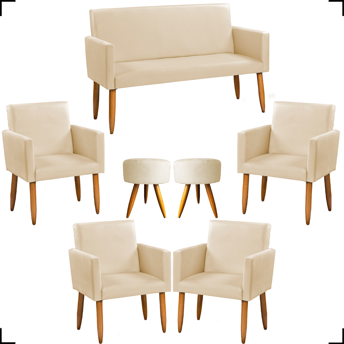 Kit Namoradeira + 4 Poltronas Decorativas Para Sala Nina + 2 Puff Redondos Suede Bege Pé Castanho - Clique E Decore