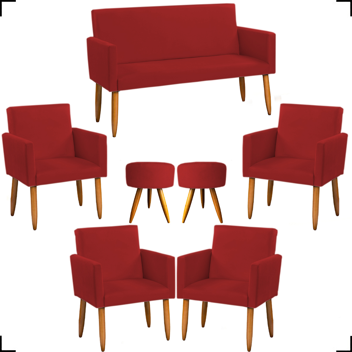 Kit Namoradeira + 4 Poltronas Decorativas Para Sala Nina + 2 Puff Redondos Suede Bordô Pé Castanho - Clique E Decore