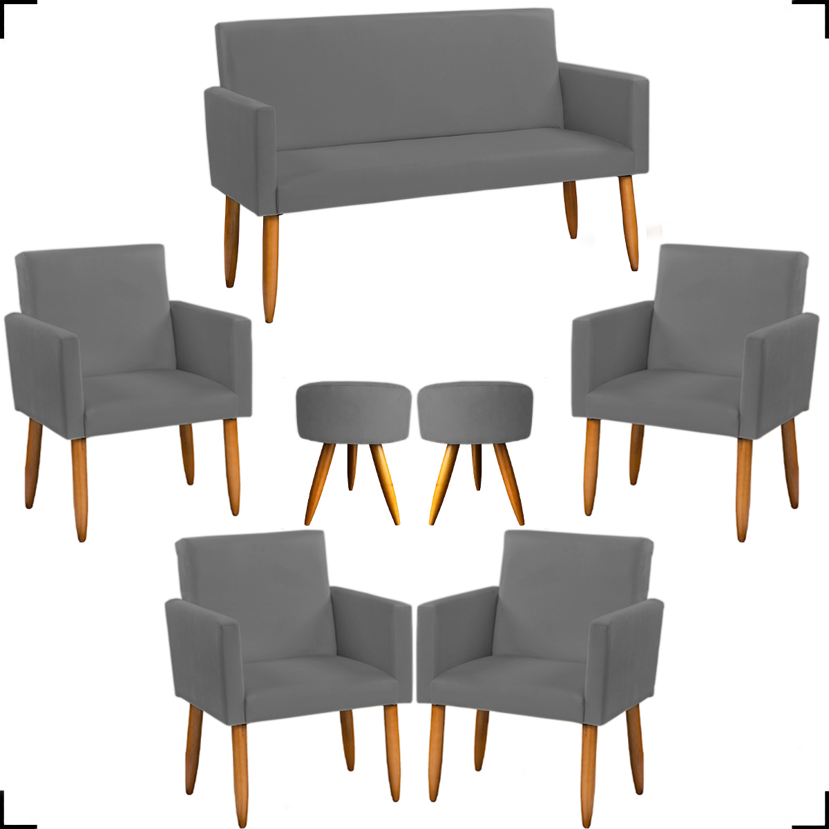 Kit Namoradeira + 4 Poltronas Decorativas Para Sala Nina + 2 Puff Redondos Suede Cinza Pé Castanho - Clique E Decore