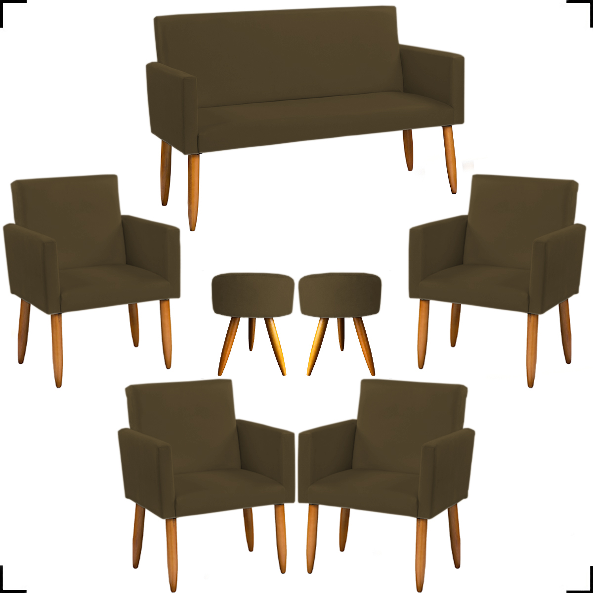 Kit Namoradeira + 4 Poltronas Decorativas Para Sala Nina + 2 Puff Redondos Suede Marrom Pé Castanho - Clique E Decore