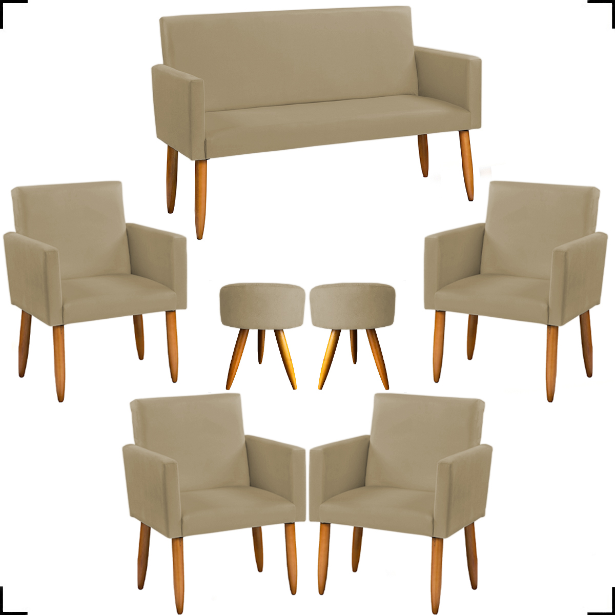 Kit Namoradeira + 4 Poltronas Decorativas Para Sala Nina + 2 Puff Redondos Suede Nude Pé Castanho - Clique E Decore