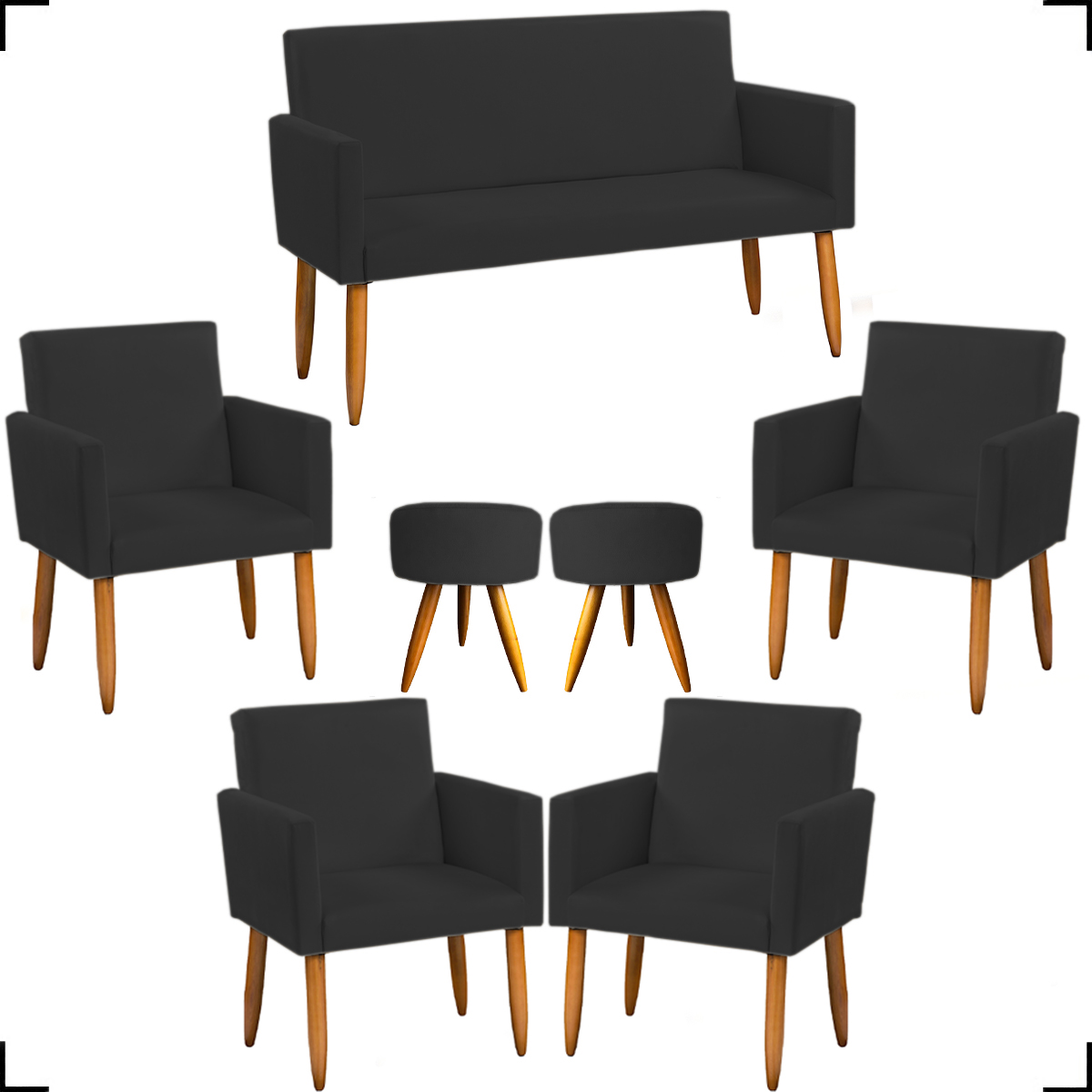 Kit Namoradeira + 4 Poltronas Decorativas Para Sala Nina + 2 Puff Redondos Suede Preto Pé Castanho - Clique E Decore