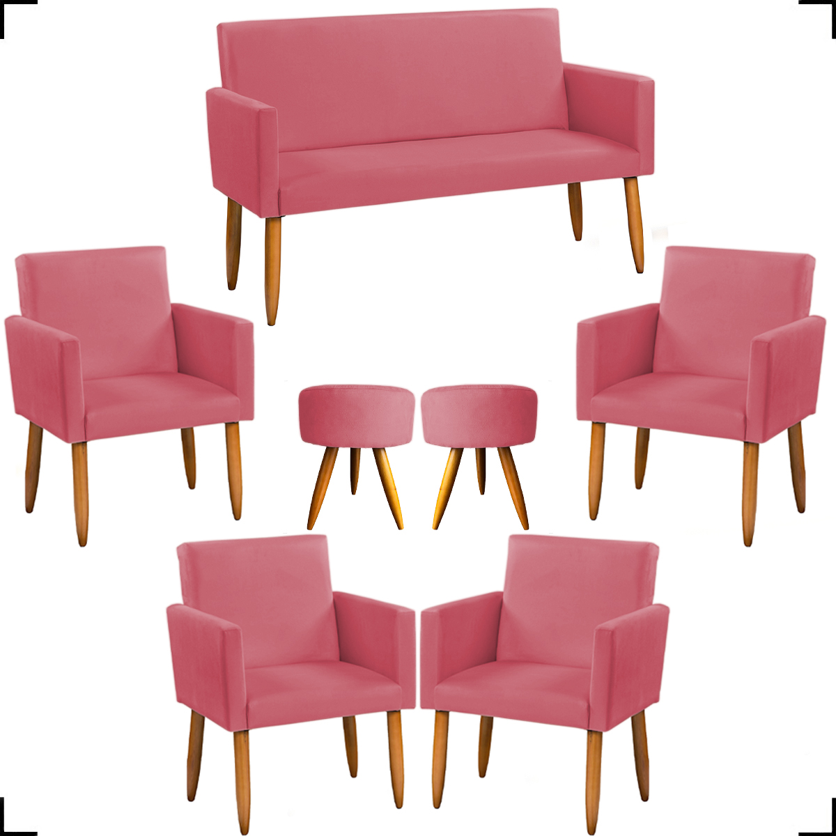 Kit Namoradeira + 4 Poltronas Decorativas Para Sala Nina + 2 Puff Redondos Suede Rosê Pé Castanho - Clique E Decor