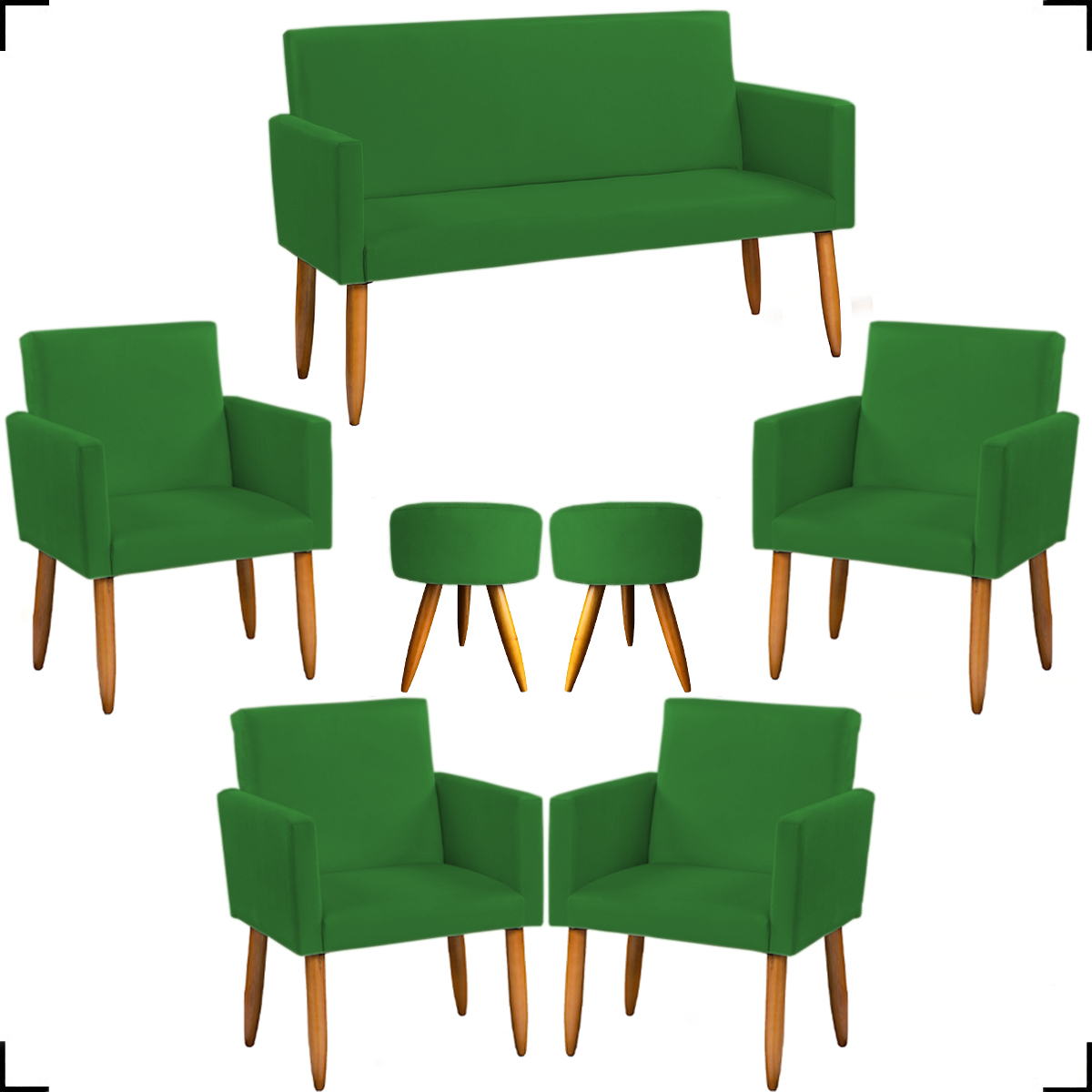Kit Namoradeira + 4 Poltronas Decorativas Para Sala Nina + 2 Puff Redondos Suede Verde Pé Castanho - Clique E Decore