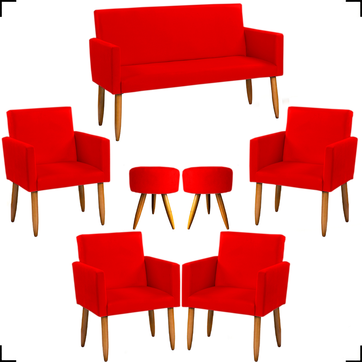 Kit Namoradeira + 4 Poltronas Decorativas Para Sala Nina + 2 Puff Redondos Vermelho Pé Castanho - Clique E Decore