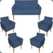 Kit Namoradeira + 4 Poltronas Decorativas Para Sala Nina Com Base E Capitonê Azul Marinho Pé Castanho - Clique E Decore