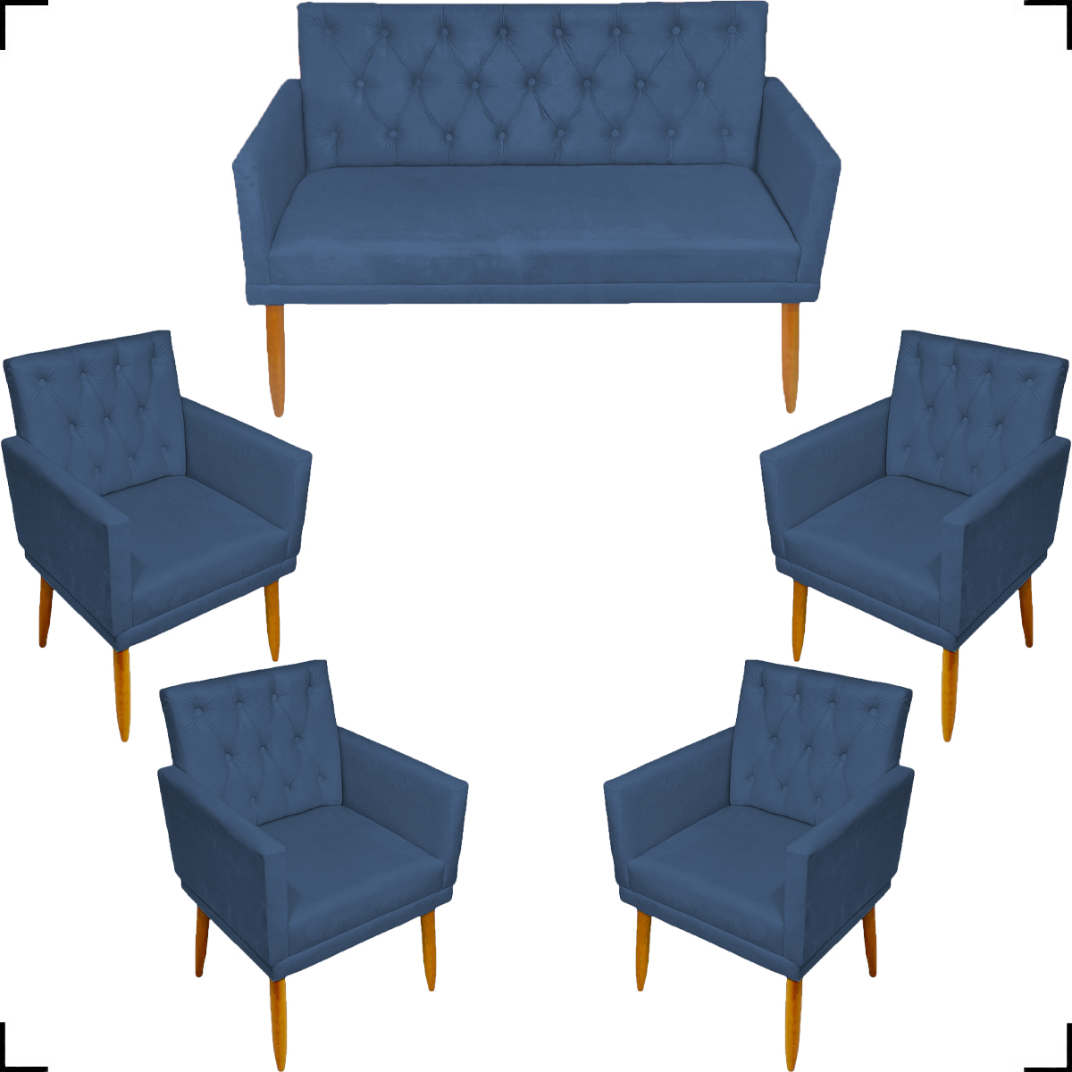 Kit Namoradeira + 4 Poltronas Decorativas Para Sala Nina Com Base E Capitonê Azul Marinho Pé Castanho - Clique E Decore