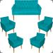 Kit Namoradeira + 4 Poltronas Decorativas Para Sala Nina Com Base E Capitonê Azul Turquesa Pé Castanho - Clique E Decore
