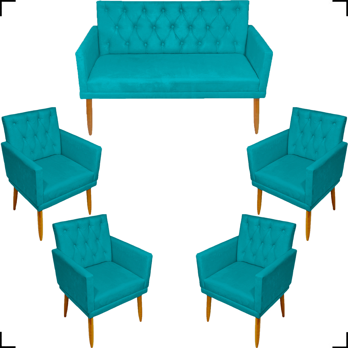 Kit Namoradeira + 4 Poltronas Decorativas Para Sala Nina Com Base E Capitonê Azul Turquesa Pé Castanho - Clique E Decore