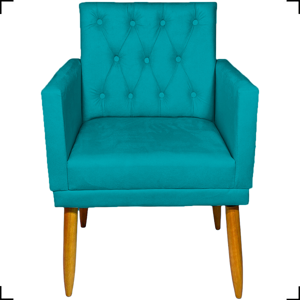 Kit Namoradeira + 4 Poltronas Decorativas Para Sala Nina Com Base E Capitonê Azul Turquesa Pé Castanho - Clique E Decore