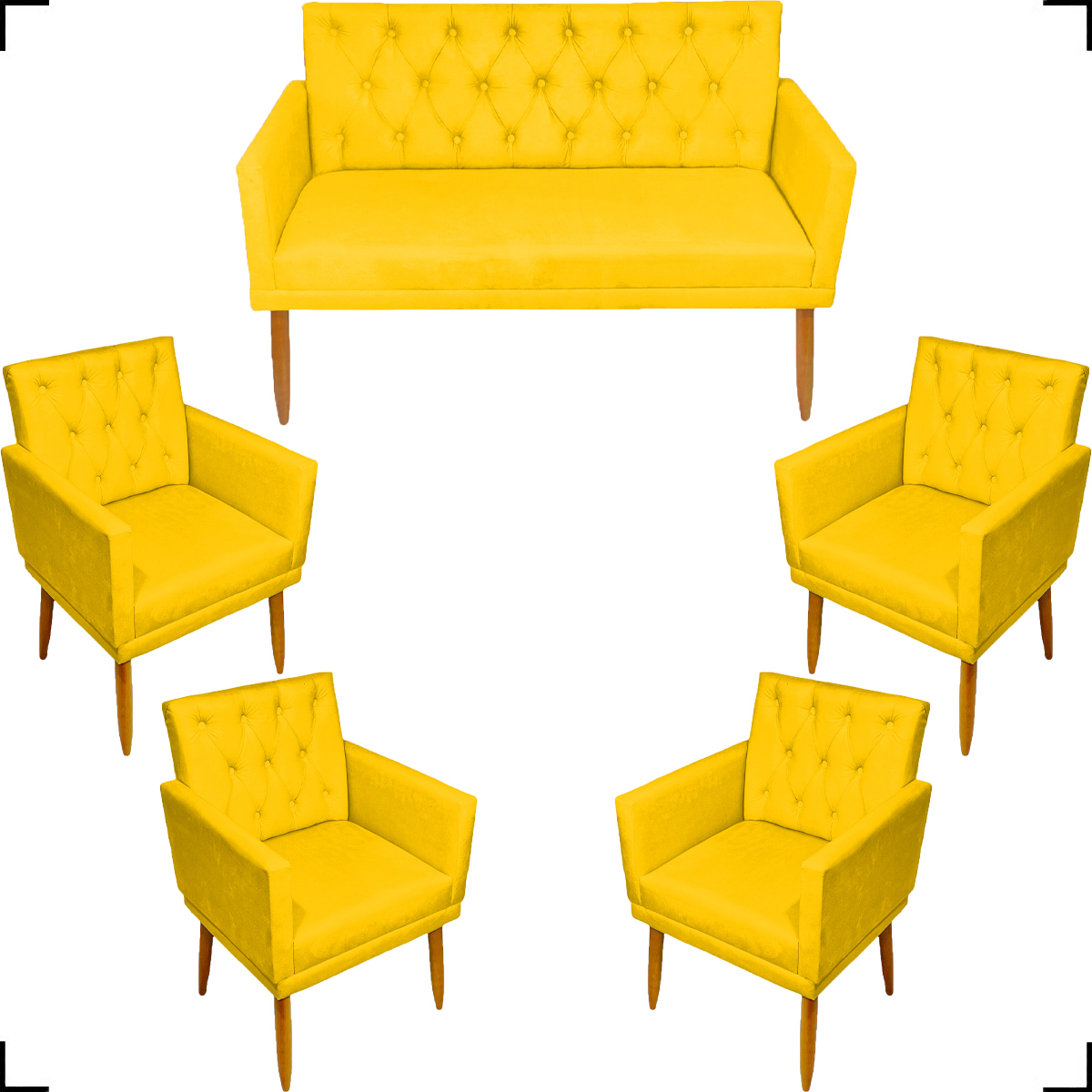 Kit Namoradeira + 4 Poltronas Decorativas Para Sala Nina Com Base E Capitonê Suede Amarelo Pé Castanho - Clique E Decore