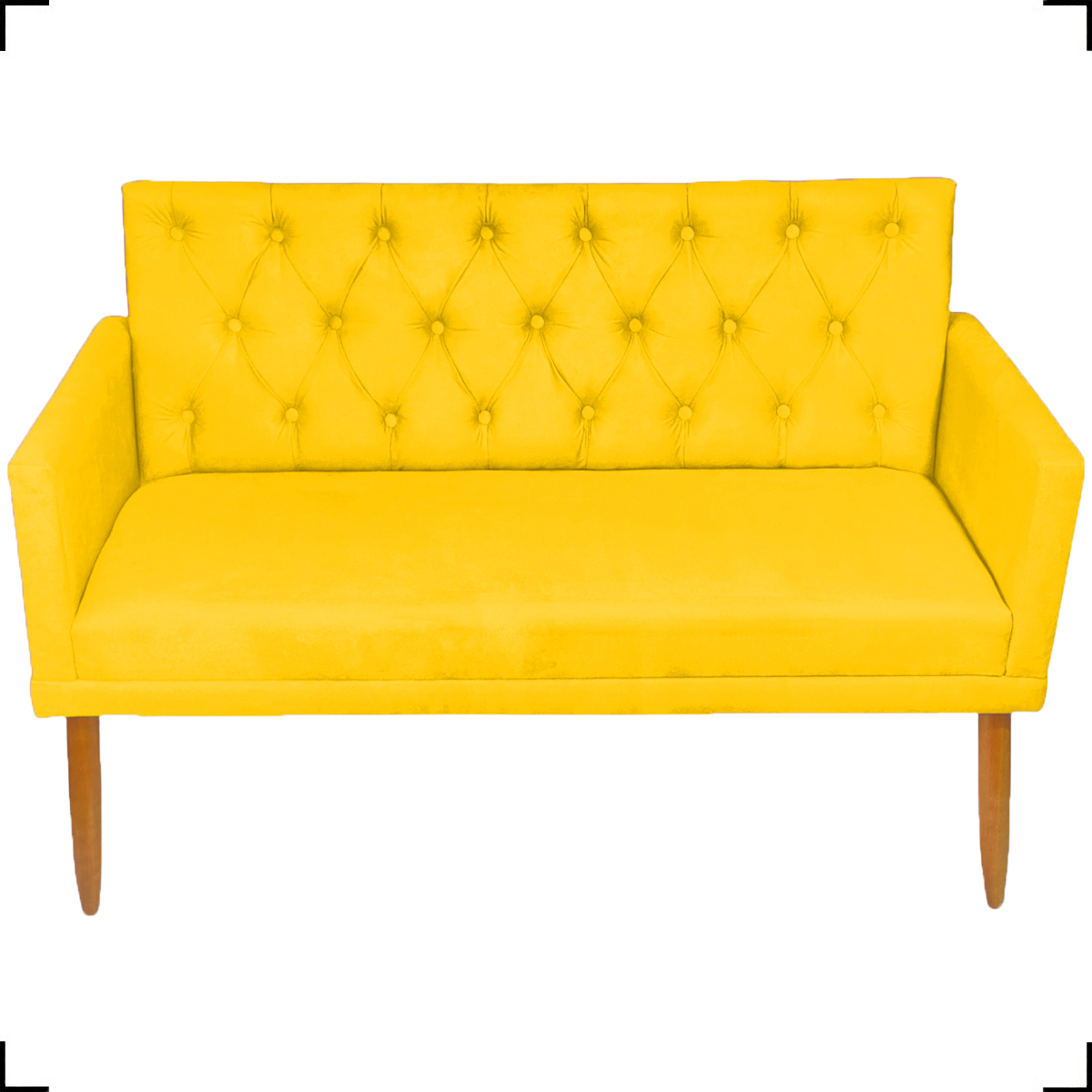Kit Namoradeira + 4 Poltronas Decorativas Para Sala Nina Com Base E Capitonê Suede Amarelo Pé Castanho - Clique E Decore