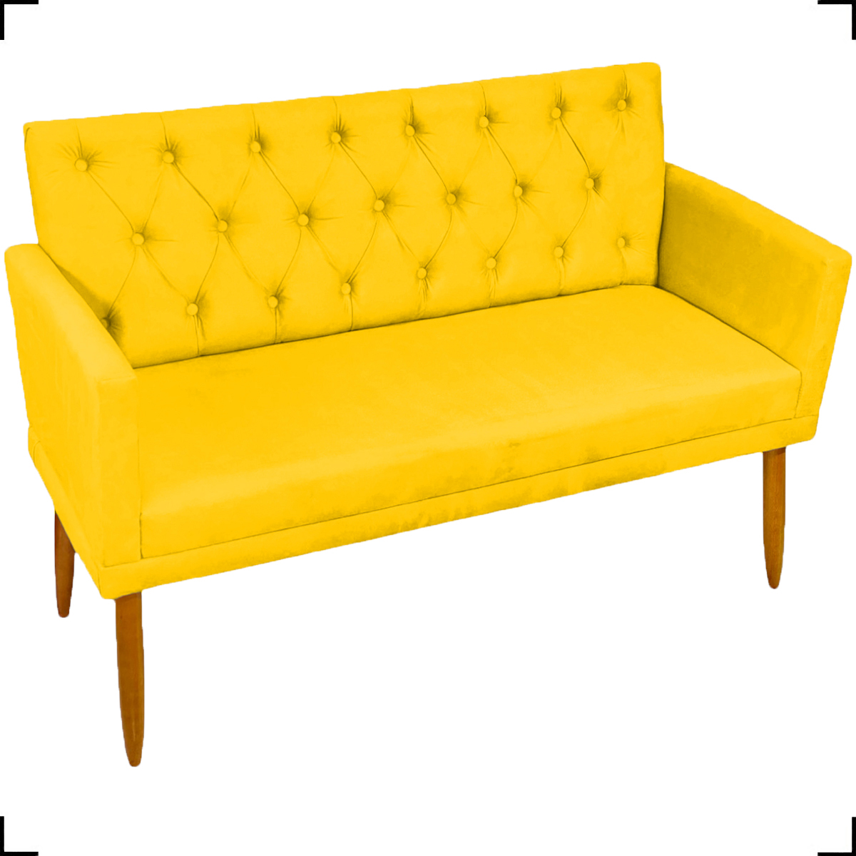Kit Namoradeira + 4 Poltronas Decorativas Para Sala Nina Com Base E Capitonê Suede Amarelo Pé Castanho - Clique E Decore