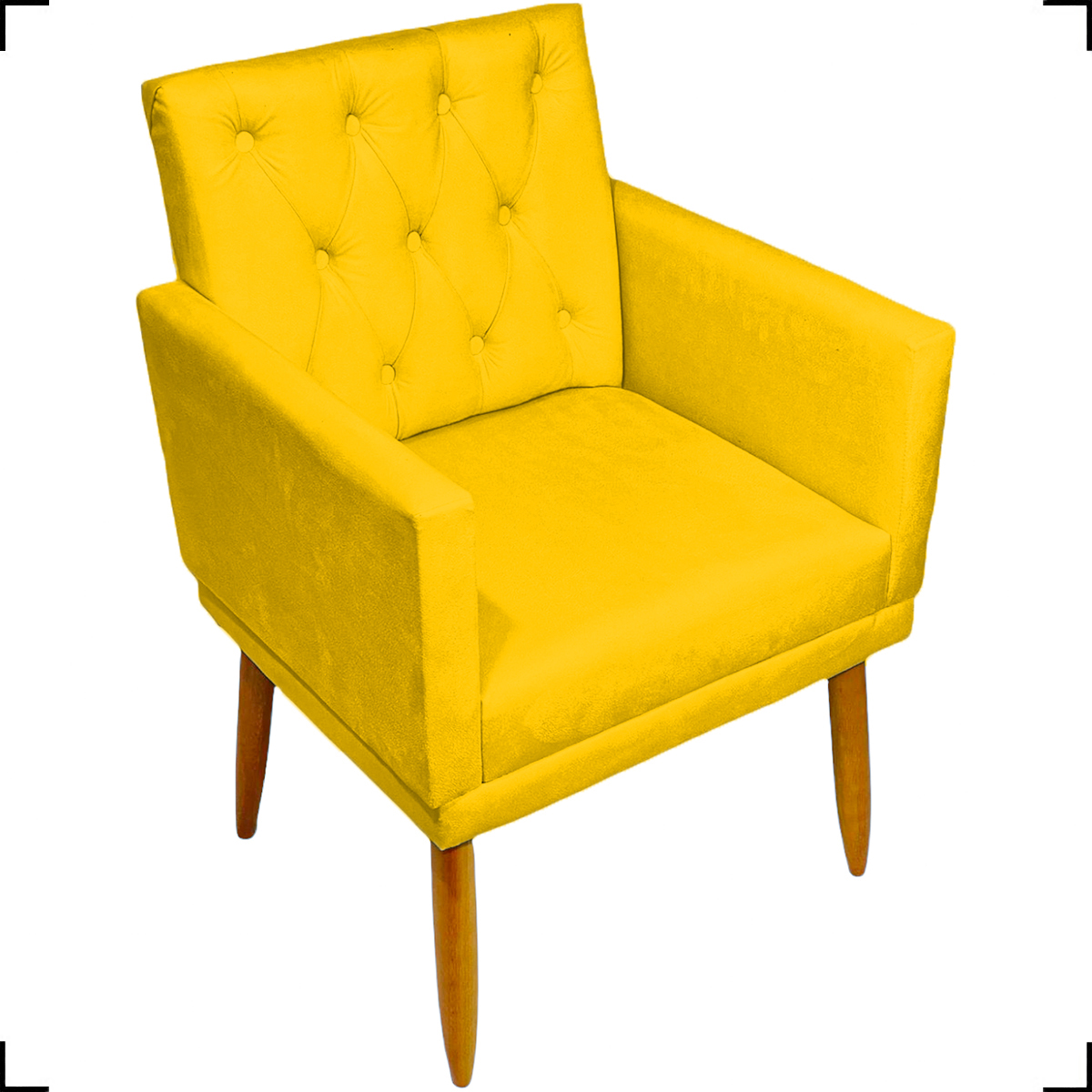 Kit Namoradeira + 4 Poltronas Decorativas Para Sala Nina Com Base E Capitonê Suede Amarelo Pé Castanho - Clique E Decore
