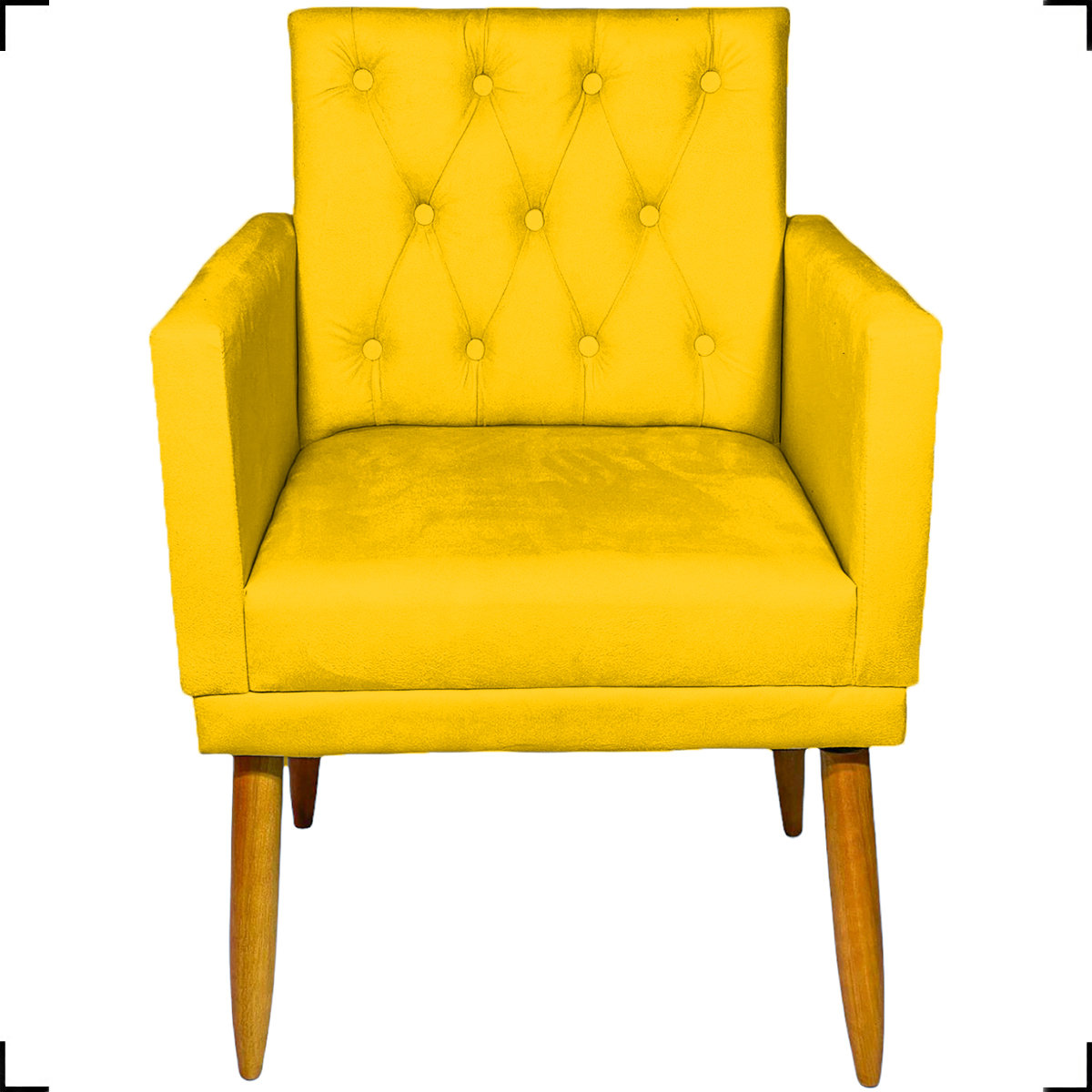 Kit Namoradeira + 4 Poltronas Decorativas Para Sala Nina Com Base E Capitonê Suede Amarelo Pé Castanho - Clique E Decore