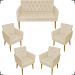 Kit Namoradeira + 4 Poltronas Decorativas Para Sala Nina Com Base E Capitonê Suede Bege Pé Castanho - Clique E Decore