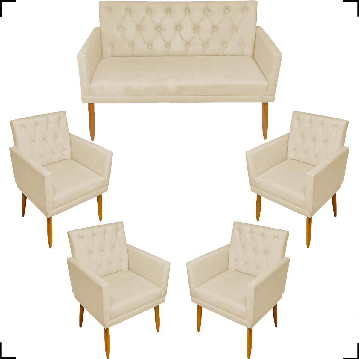 Kit Namoradeira + 4 Poltronas Decorativas Para Sala Nina Com Base E Capitonê Suede Bege Pé Castanho - Clique E Decore
