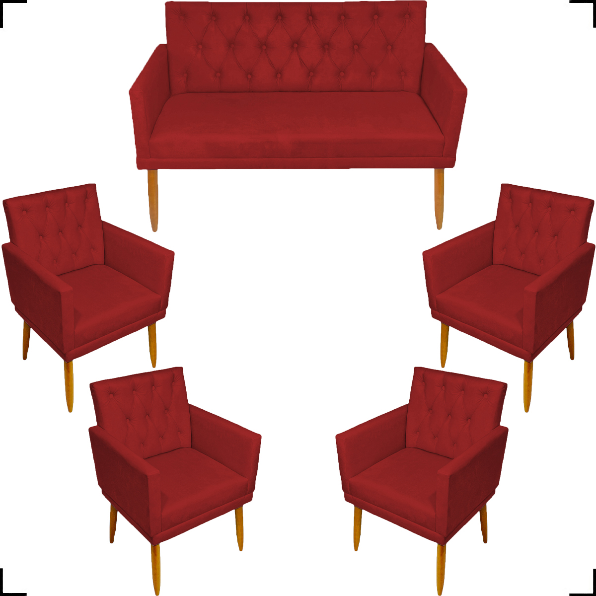 Kit Namoradeira + 4 Poltronas Decorativas Para Sala Nina Com Base E Capitonê Suede Bordô Pé Castanho - Clique E Decore
