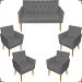 Kit Namoradeira + 4 Poltronas Decorativas Para Sala Nina Com Base E Capitonê Suede Cinza Pé Castanho - Clique E Decore