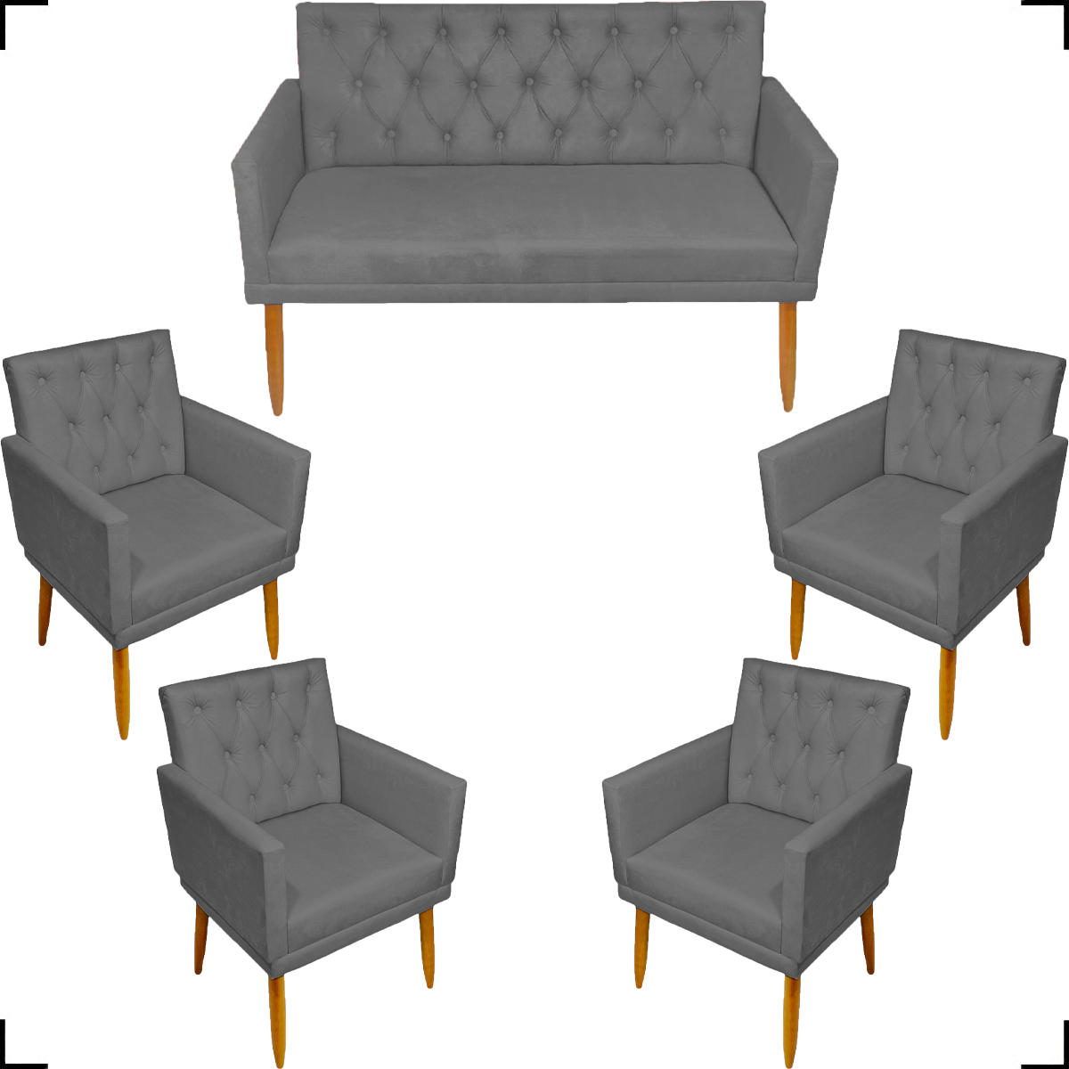 Kit Namoradeira + 4 Poltronas Decorativas Para Sala Nina Com Base E Capitonê Suede Cinza Pé Castanho - Clique E Decore
