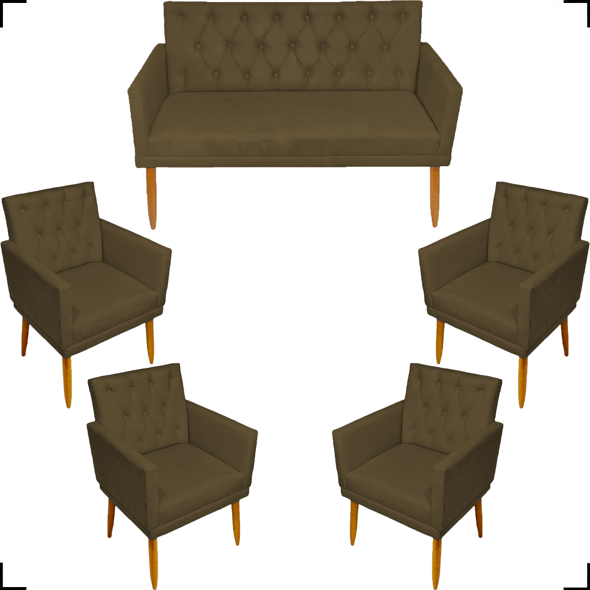 Kit Namoradeira + 4 Poltronas Decorativas Para Sala Nina Com Base E Capitonê Suede Marrom Pé Castanho - Clique E Decore