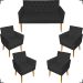 Kit Namoradeira + 4 Poltronas Decorativas Para Sala Nina Com Base E Capitonê Suede Preto Pé Castanho - Clique E Decore