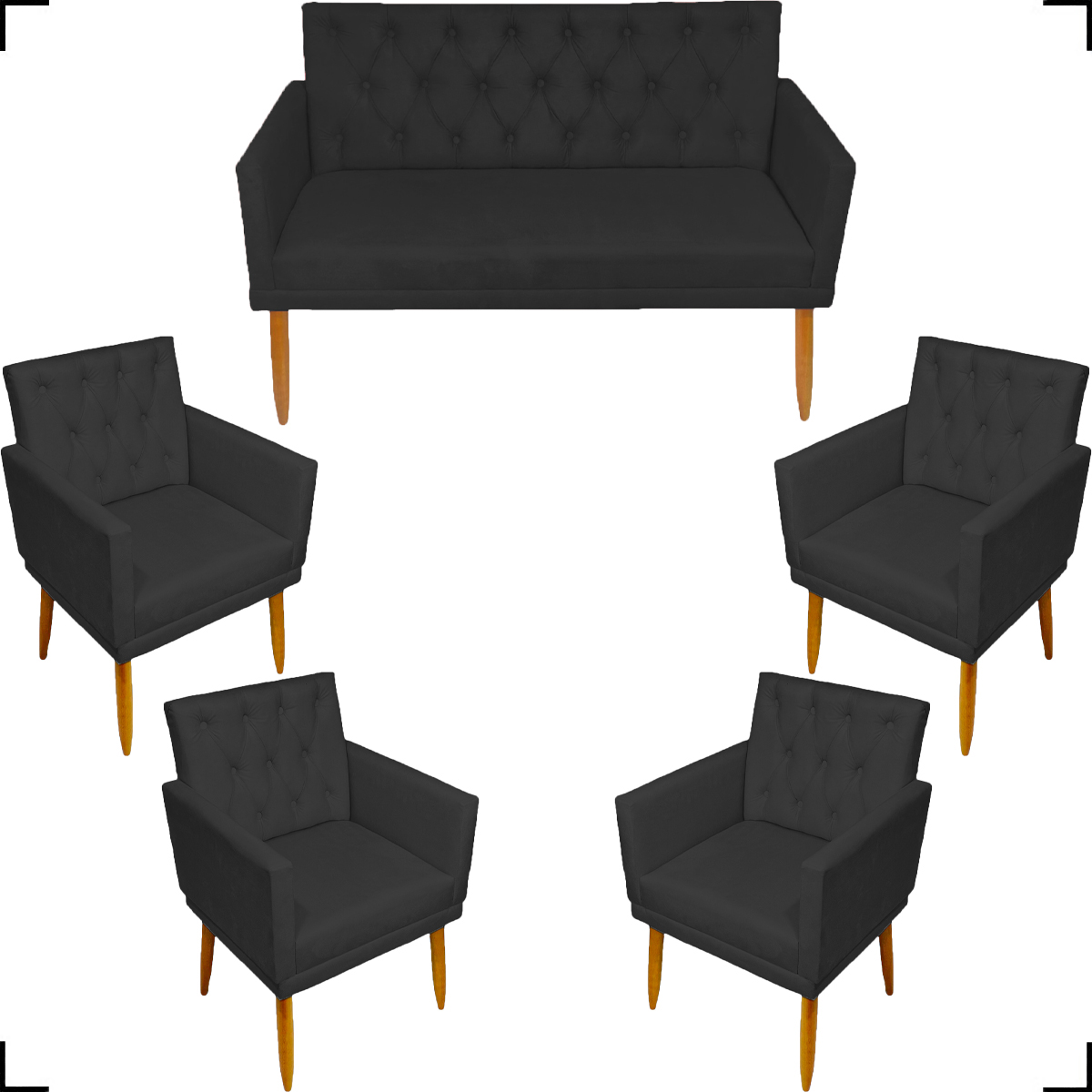 Kit Namoradeira + 4 Poltronas Decorativas Para Sala Nina Com Base E Capitonê Suede Preto Pé Castanho - Clique E Decore