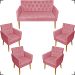 Kit Namoradeira + 4 Poltronas Decorativas Para Sala Nina Com Base E Capitonê Suede Rose Pé Castanho - Clique E Decore