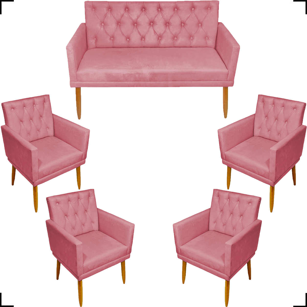 Kit Namoradeira + 4 Poltronas Decorativas Para Sala Nina Com Base E Capitonê Suede Rose Pé Castanho - Clique E Decore
