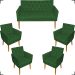 Kit Namoradeira + 4 Poltronas Decorativas Para Sala Nina Com Base E Capitonê Suede Verde Pé Castanho - Clique E Decore