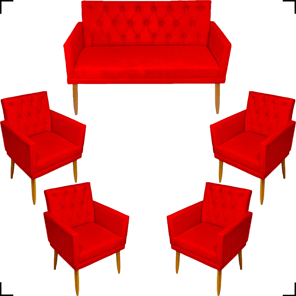 Kit Namoradeira + 4 Poltronas Decorativas Para Sala Nina Com Base E Capitonê Vermelho Pé Castanho - Clique E Decore