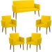 Kit Namoradeira + 4 Poltronas Decorativas Para Sala Nina Suede Amarelo Pé Castanho - Clique E Decore