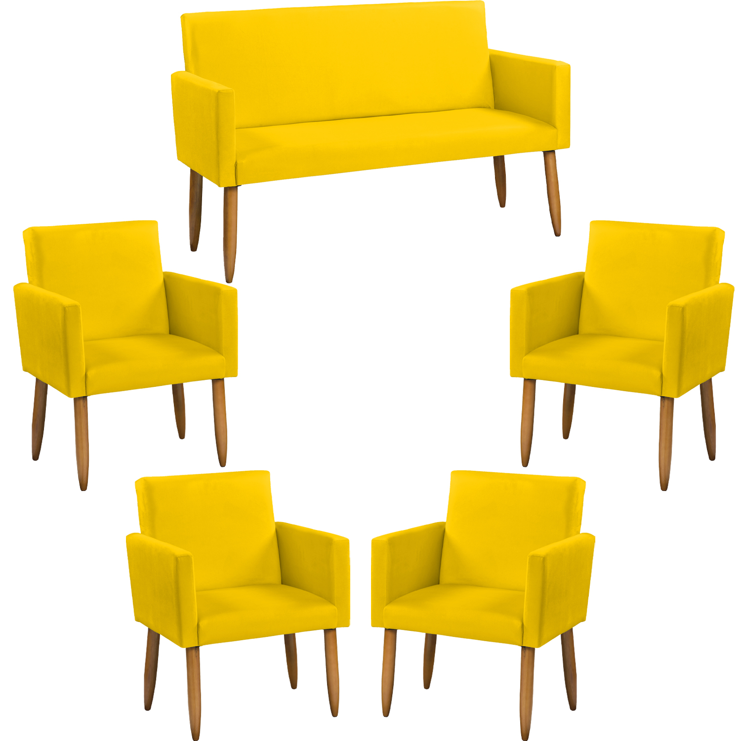 Kit Namoradeira + 4 Poltronas Decorativas Para Sala Nina Suede Amarelo Pé Castanho - Clique E Decore