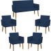 Kit Namoradeira + 4 Poltronas Decorativas Para Sala Nina Suede Azul Marinho Pé Castanho - Clique E Decore