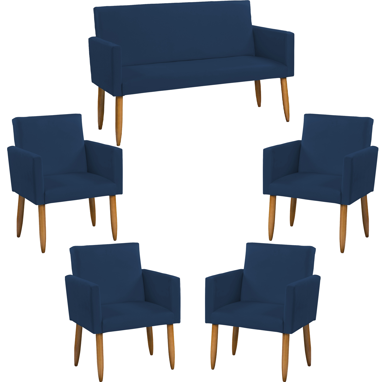 Kit Namoradeira + 4 Poltronas Decorativas Para Sala Nina Suede Azul Marinho Pé Castanho - Clique E Decore