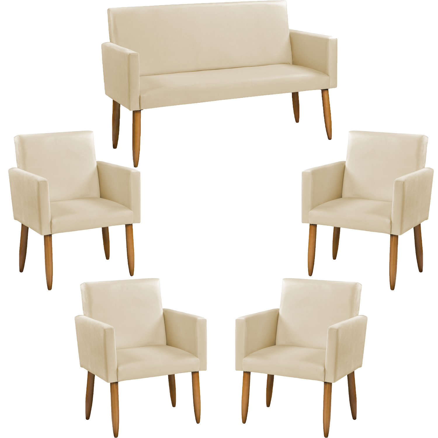 Kit Namoradeira + 4 Poltronas Decorativas Para Sala Nina Suede Bege Pé Castanho - Clique E Decore