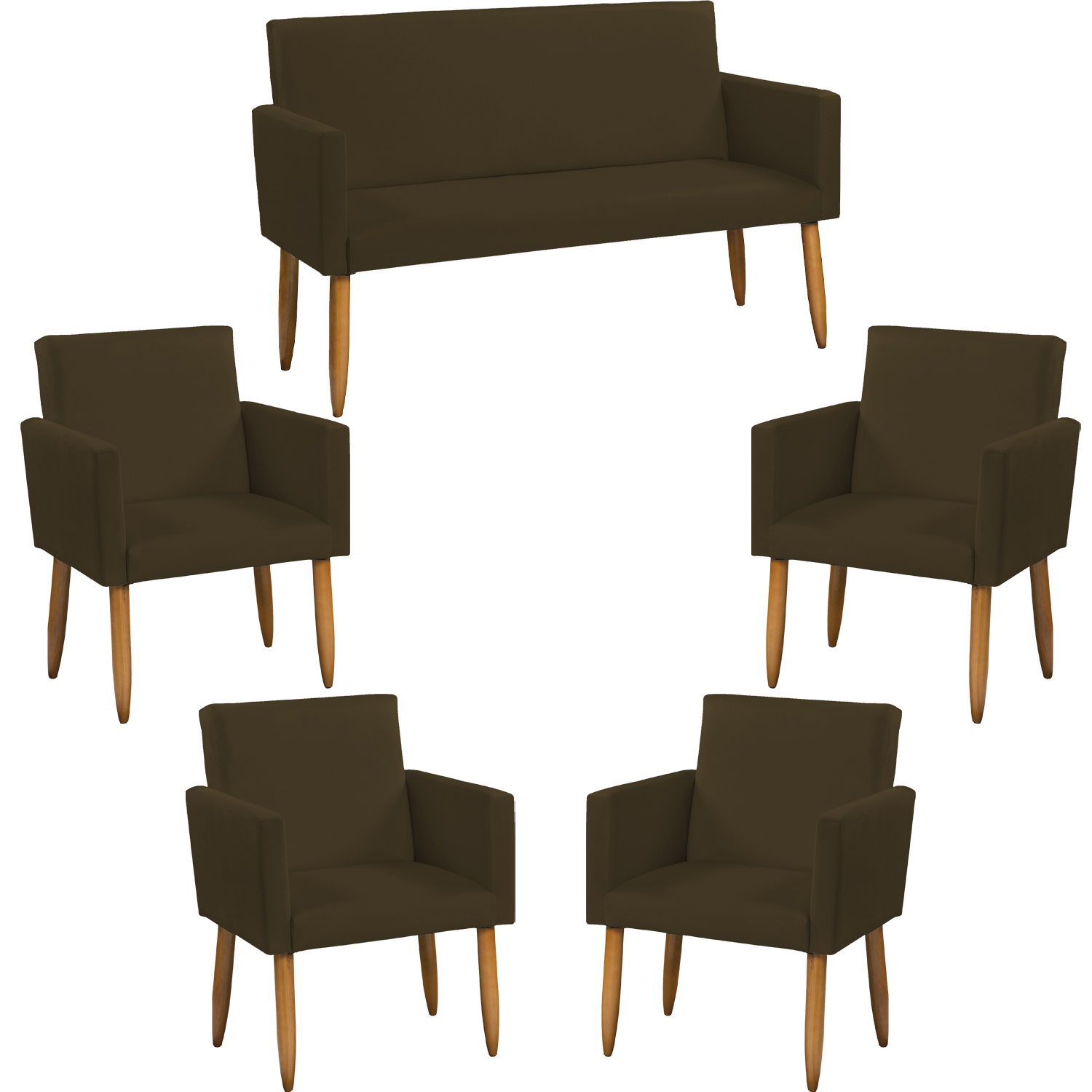 Kit Namoradeira + 4 Poltronas Decorativas Para Sala Nina Suede Marrom Pé Castanho - Clique E Decore