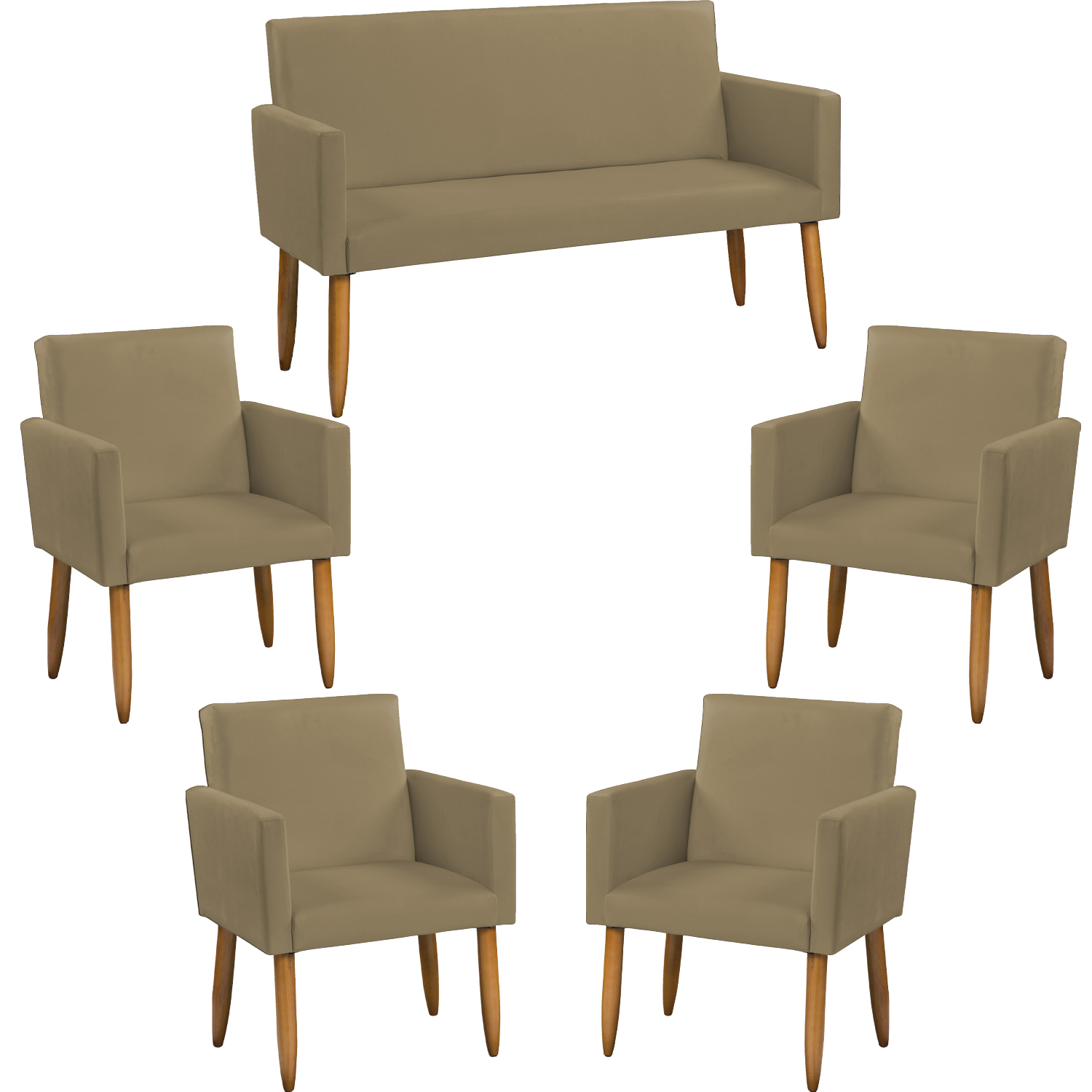 Kit Namoradeira + 4 Poltronas Decorativas Para Sala Nina Suede Nude Pé Castanho - Clique E Decore