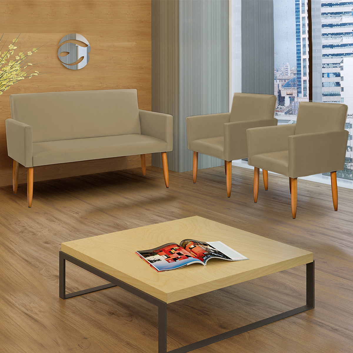 Kit Namoradeira + 4 Poltronas Decorativas Para Sala Nina Suede Nude Pé Castanho - Clique E Decore
