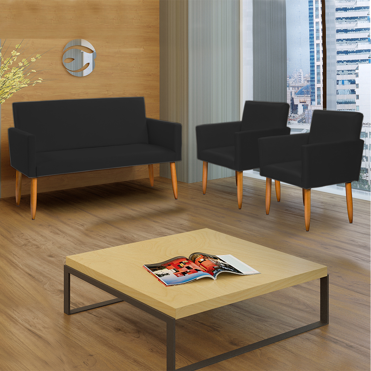 Kit Namoradeira + 4 Poltronas Decorativas Para Sala Nina Suede Preto Pé Castanho - Clique E Decore