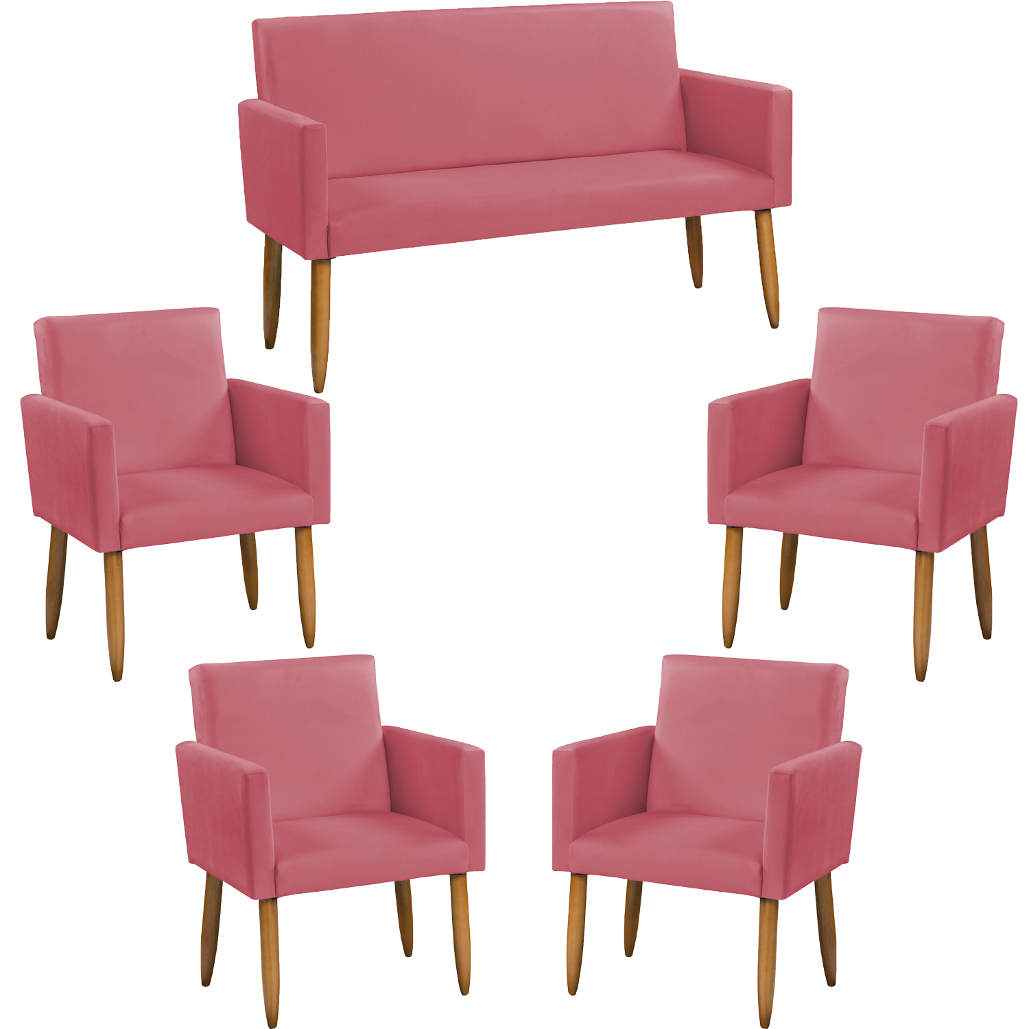 Kit Namoradeira + 4 Poltronas Decorativas Para Sala Nina Suede Rosê Pé Castanho - Clique E Decore