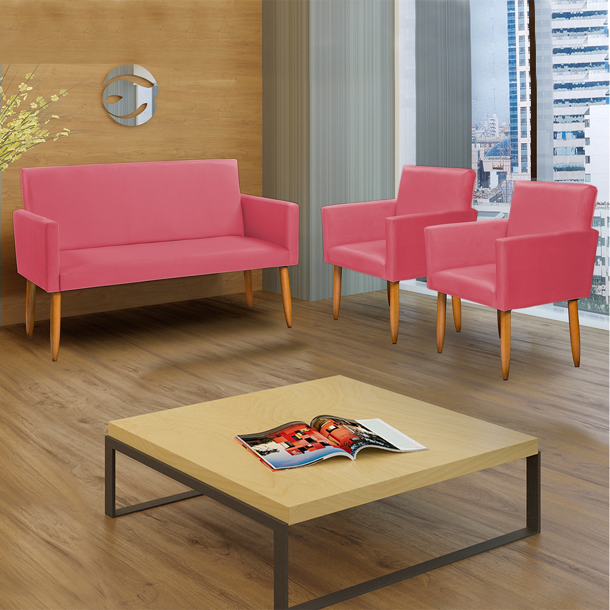 Kit Namoradeira + 4 Poltronas Decorativas Para Sala Nina Suede Rosê Pé Castanho - Clique E Decore