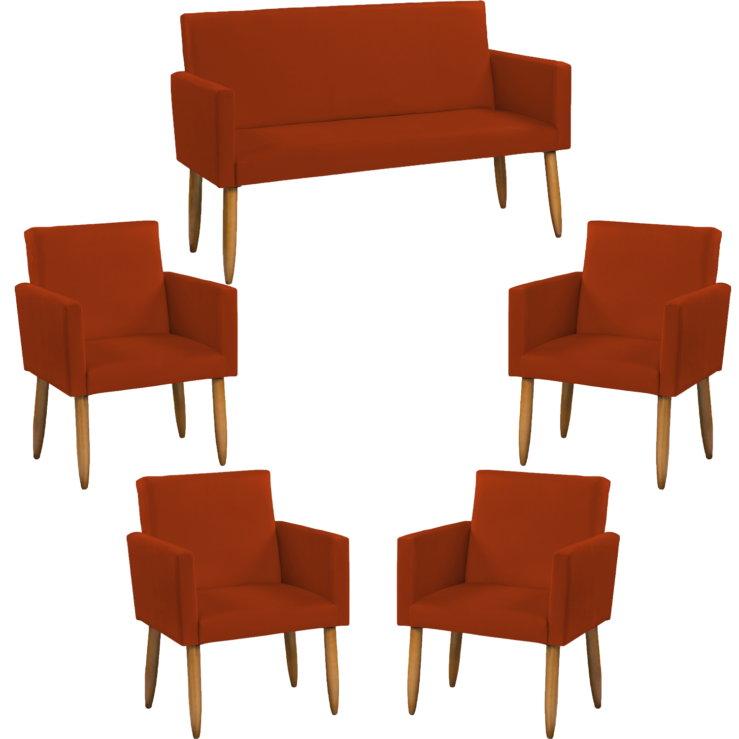Kit Namoradeira + 4 Poltronas Decorativas Para Sala Nina Suede Terracota Pé Castanho - Clique E Decore