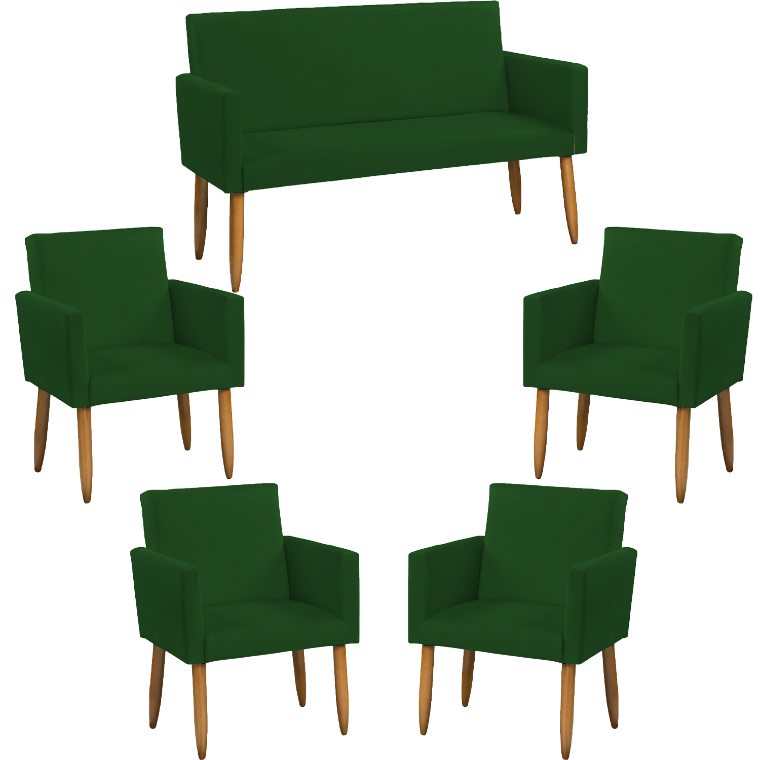 Kit Namoradeira + 4 Poltronas Decorativas Para Sala Nina Suede Verde Pé Castanho - Clique E Decore