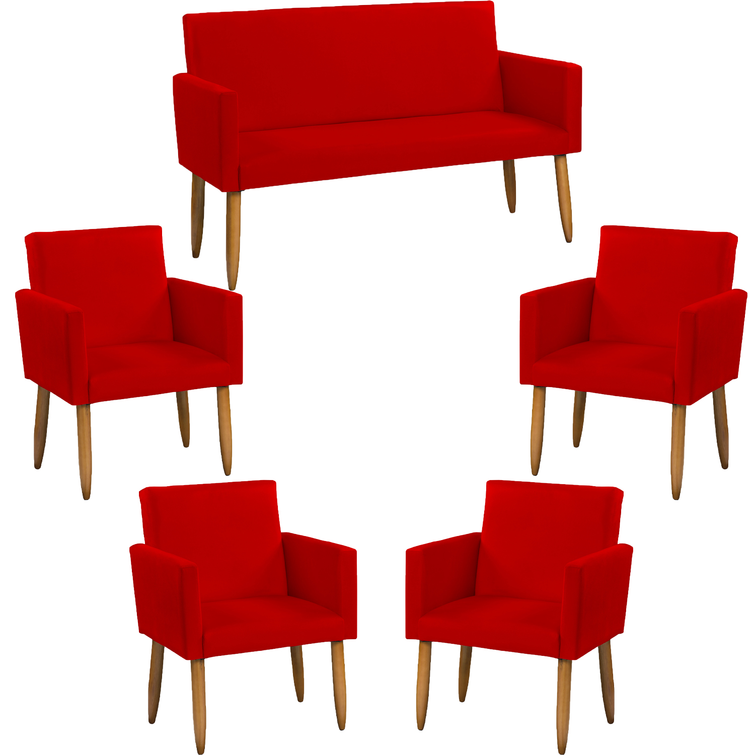 Kit Namoradeira + 4 Poltronas Decorativas Para Sala Nina Suede Vermelho Pé Castanho - Clique E Decore