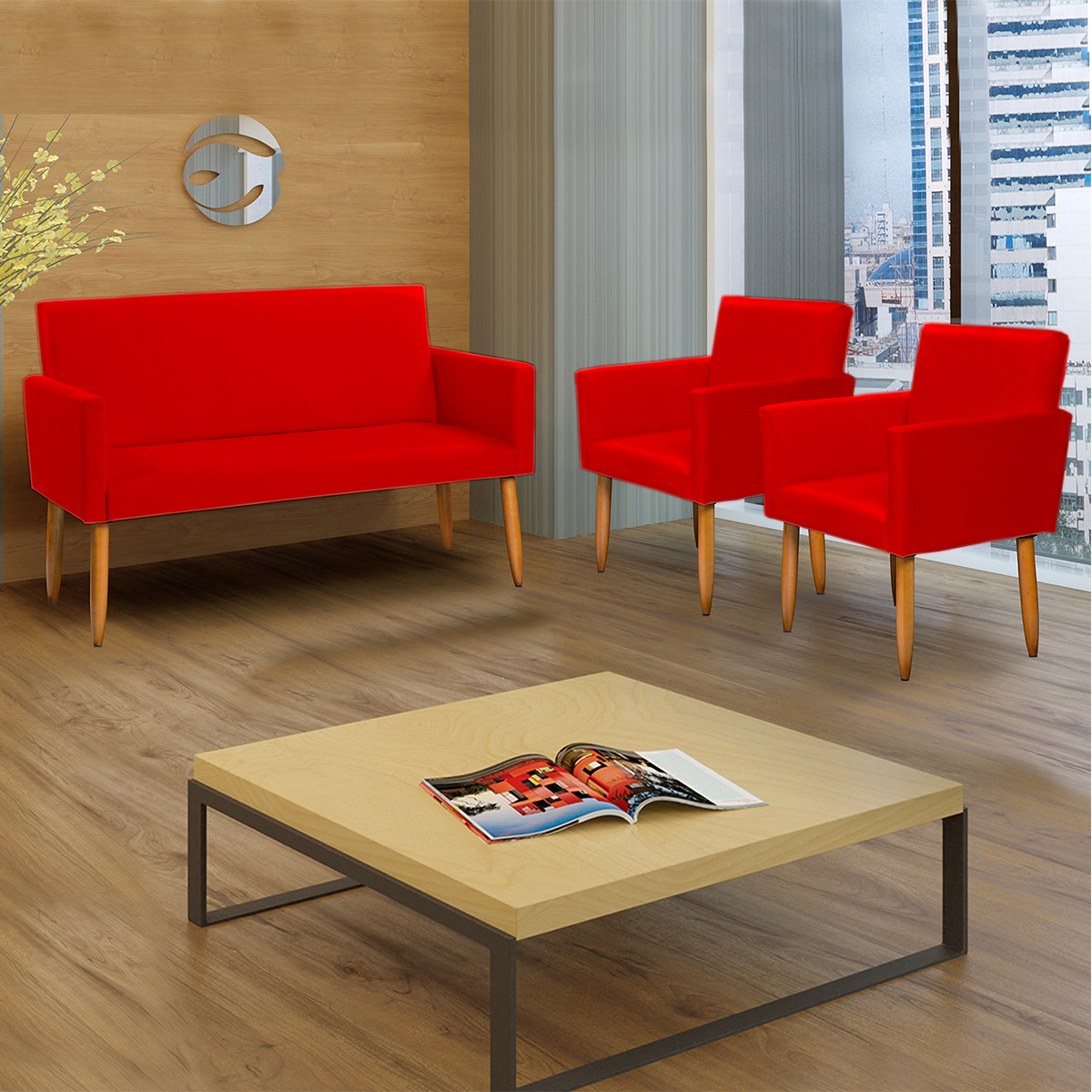 Kit Namoradeira + 4 Poltronas Decorativas Para Sala Nina Suede Vermelho Pé Castanho - Clique E Decore