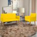 Kit Namoradeira + Poltrona Para Sala Decorativa Nina Suede Amarelo Pé Castanho